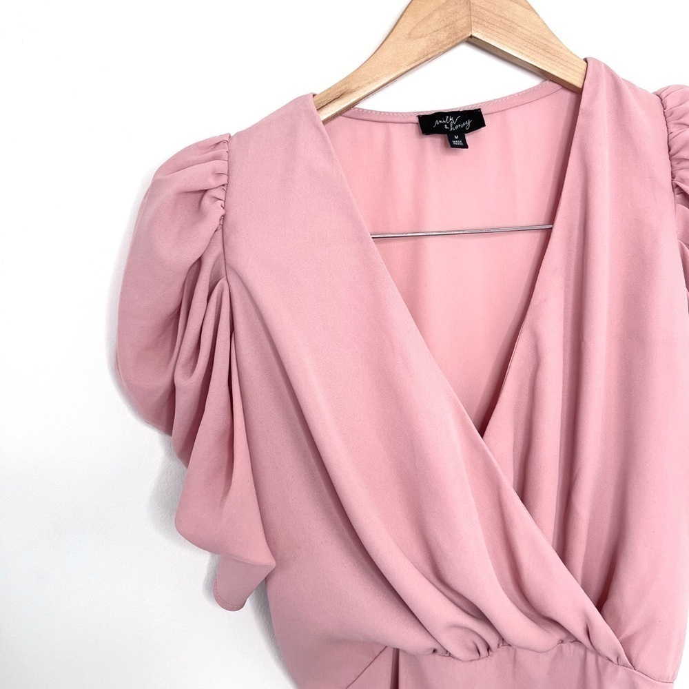 Milk & Honey Dusty Pink Puff Sleeve Faux Wrap Tie Waist Blouse